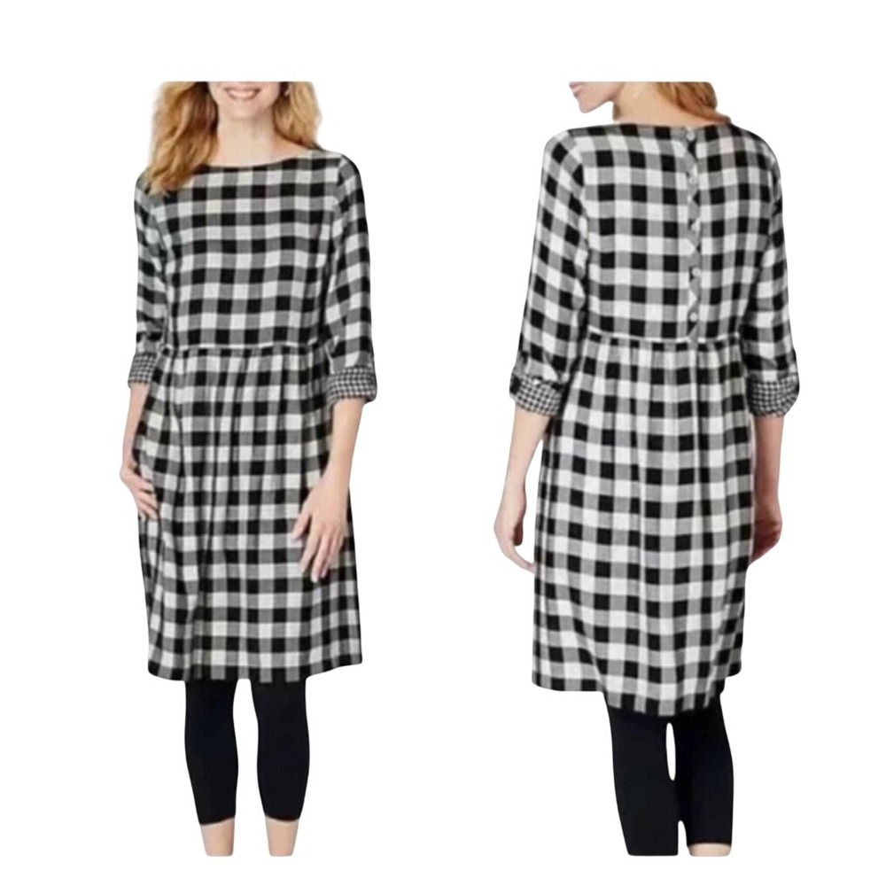 J. Jill Gingham Plaid Babydoll Dress Buffalo Check Long Sleeve  Harvest Picnic